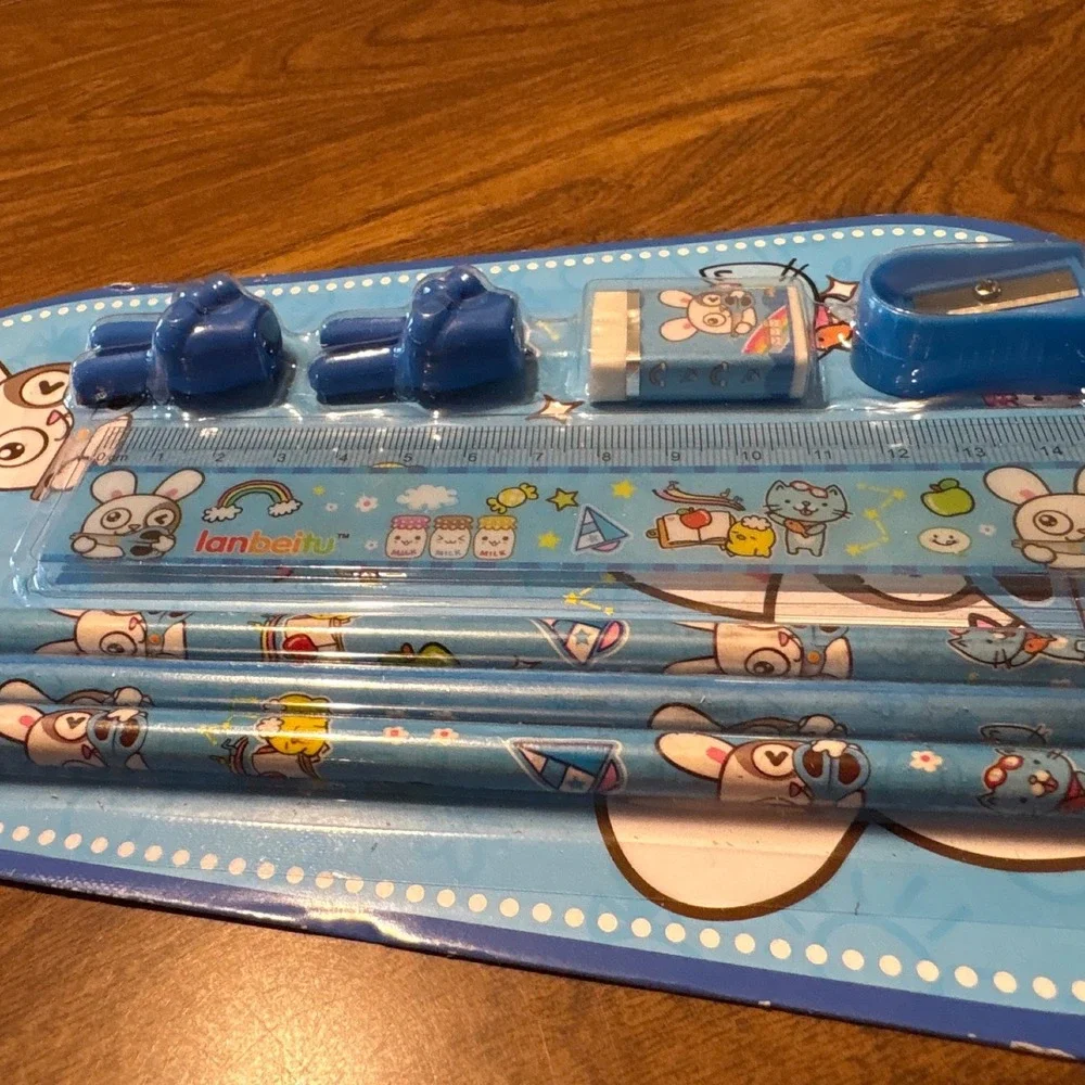 Cute Bunny Stationery‎ Set - Pencils, Ruler, Eraser, Sharpener, Toppers School